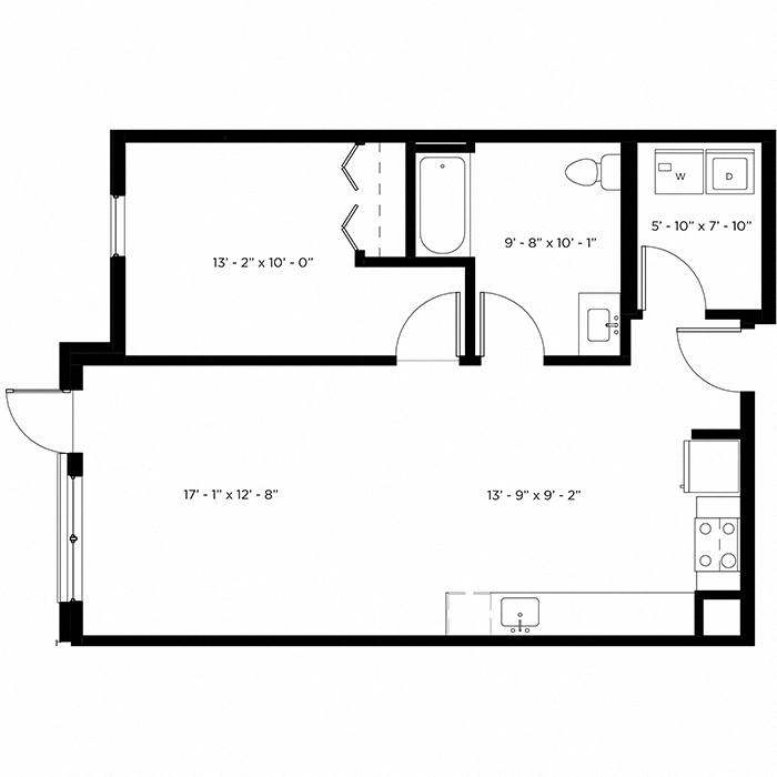 Floor plan for 1 bed, 1 bath, 743 sqft